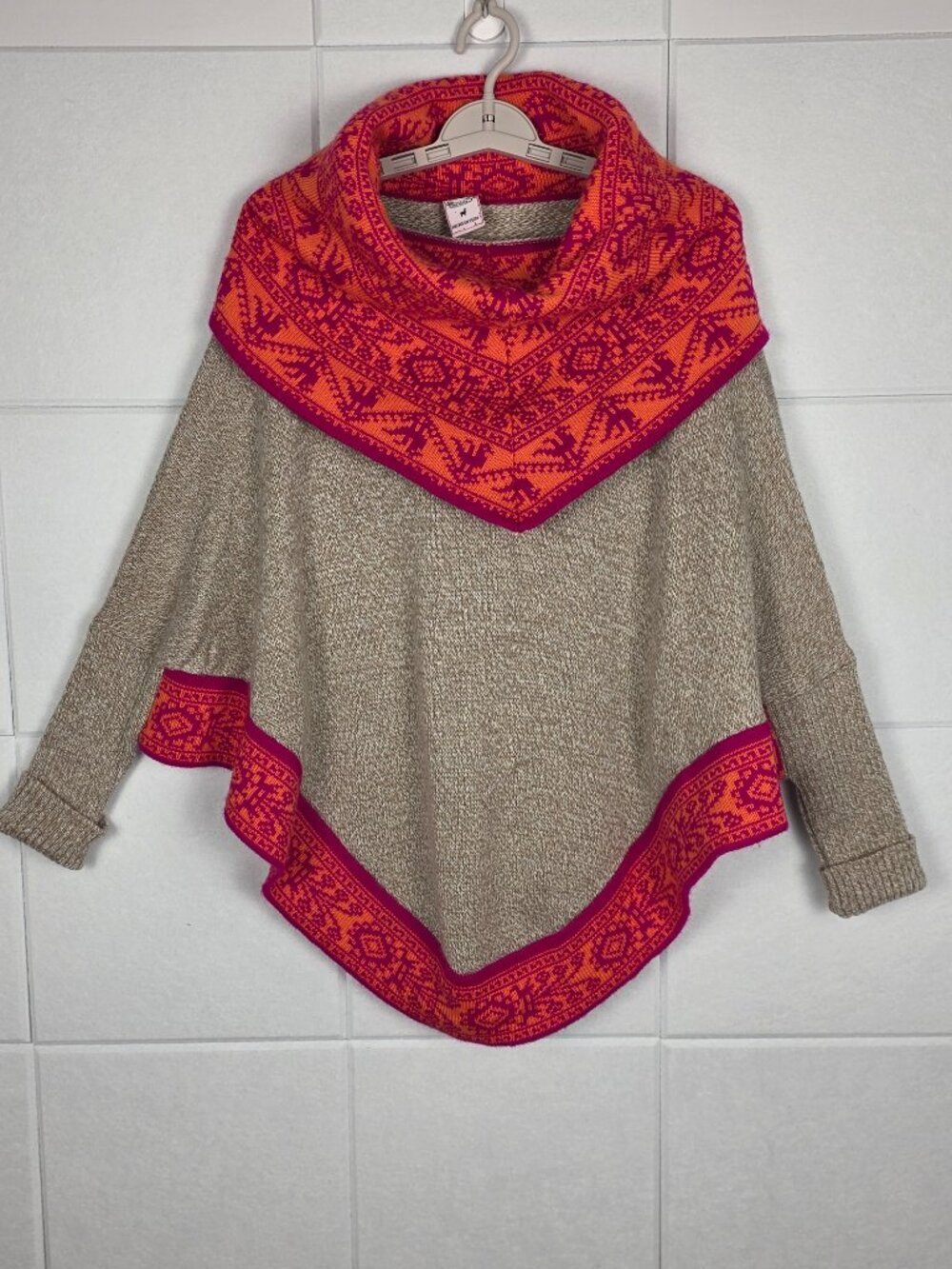 Peruvian Alpaca Poncho Sweater – Cowl Neck – Geometric Trim - Picture 2 of 9